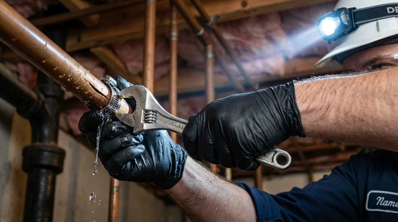 Emergency pipe clamp repair being performed by a Johns Plumbing LLC plumber in Shepherd