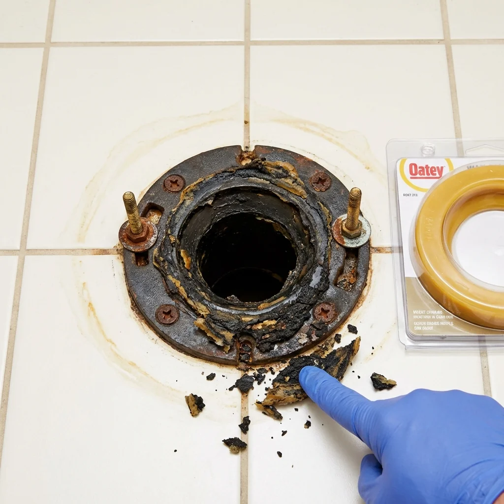 Failed wax ring showing water seepage at the base of a toilet in a Shepherd, MI home